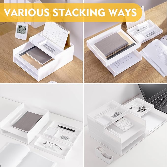 Eufrozy 3 Tier Stackable Letter Tray Paper Organizer, White Desk Paper Tray for Office Desktop Organizing, Cardboard Inbox, File Sorter, A4 Paper Turn in Tray, Document Storage, Mail Holder
