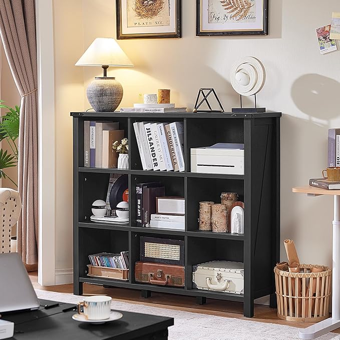 Joaxswe 9 Cube Bookcase, Farmhouse 47 Inch Wide Black Bookshelf, Wooden 3 Tier Display Large Open Book Shelf, Vintage Horizontal Book Case for Home Office, Cubby Storage Cabinet for Living Room