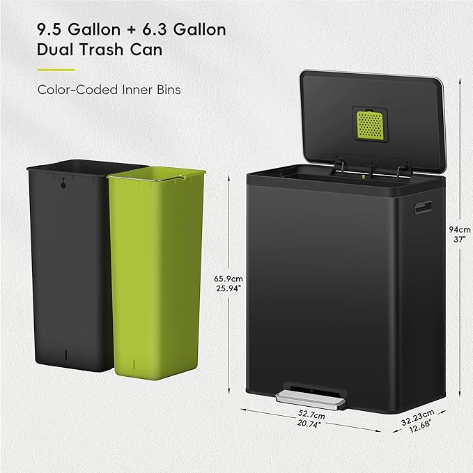 EKO EcoCasa II 36L+24L Dual Trash Can with Recycle Bin, Stainless Steel Garbage Can with Lid, Deodorizer Compartment, Odor-Proof and Fingerprint Resistant, Matte Black