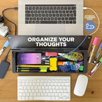 Desktop Dry Erase Board - Glass Erase Board - Black Desk Computer Buddy – Home Office & Studying Essentials - Phone & Tablet Slot, Storage Compartment - Includes 4 Markers, 1 Eraser.