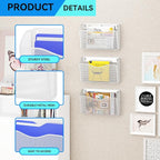 GDINDINFAN Single Pocket Wall File Holder, Mesh Hanging File Folder Paper Organizer, Vertical Wall Mounted Mail Basket, Storage Organization Magazine Rack for Office, Home and School, White
