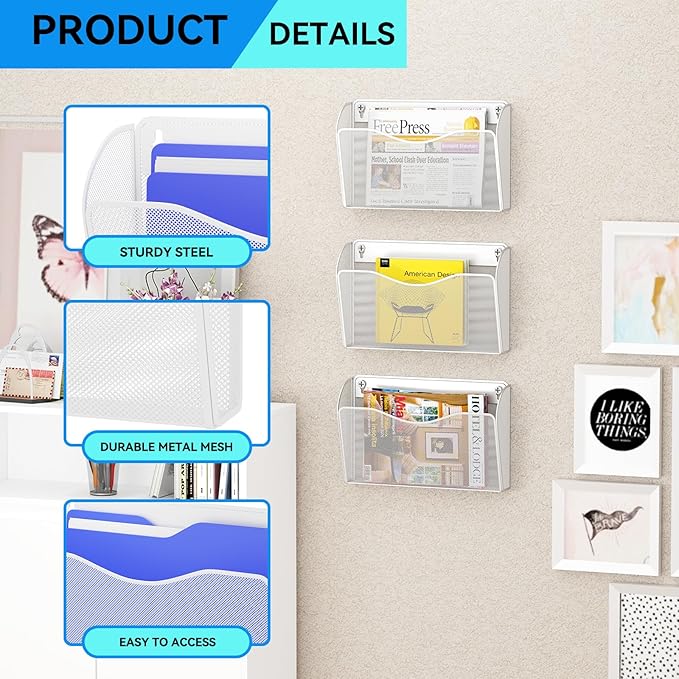 GDINDINFAN 6 Single Pocket Wall File Holder, Mesh Hanging File Folder Paper Organizer, Vertical Wall Mounted Mail Basket, Storage Organization Magazine Rack for Office, Home and School, White