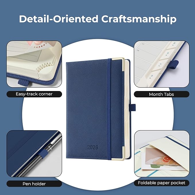 IN-luxpro Daily Planner 2026 with One Page Per Day,(A5-8.5" x 5.9"),12 Months Calendar Hourly Appointment Book Monthly Tabs & Self-adhesive Pen Holder,Inner Pocket, Vegan Leather Hardback,Blue