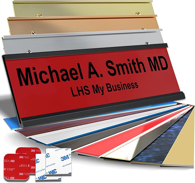 Personalized Name Plate with Choice of Mounting for Walls, Doors, Desk Holders, Cubicles, Hanging and More - Custom Red Plastic Black Letters - USA Made 2x8 - B14