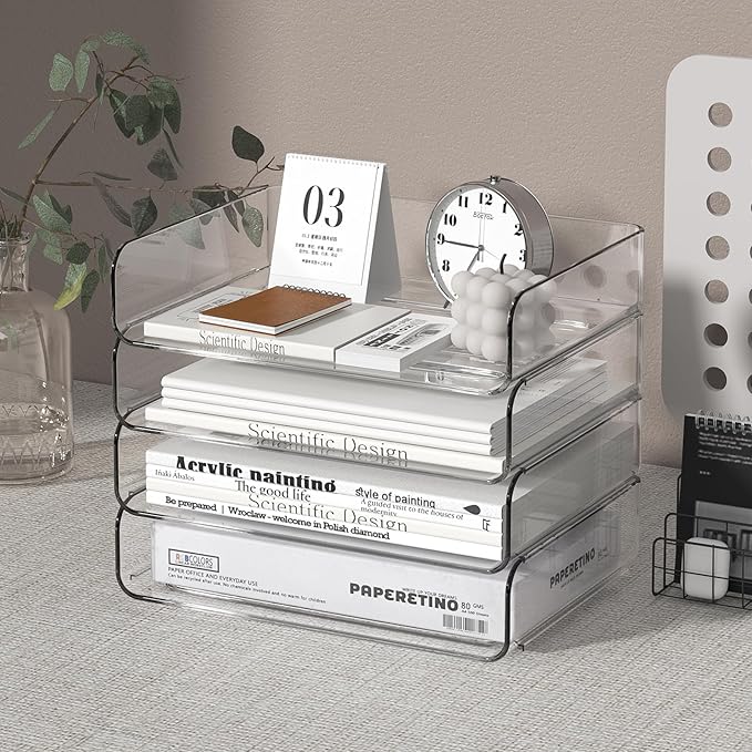 FANXIYQ 4-Tier Acrylic Paper Tray Organizer - Low-Profile Desk File Sorter for Office/Home, Clear Stackable Letter Tray for Bills, Crafts, Notebooks