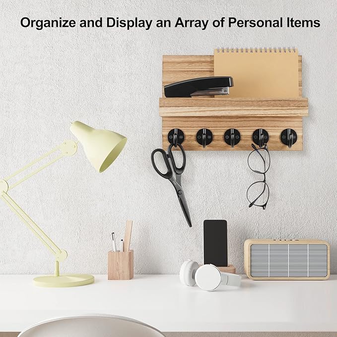 Lwenki Key Holder for Wall, Decorative Key and Mail Holder with Shelf Has Large Key Hooks for Bags, Coats – Paulownia Wood Key Hanger with Mounting Hardware (9.8”W x 6.7”H x 4.2”D) (Burnt Wood)