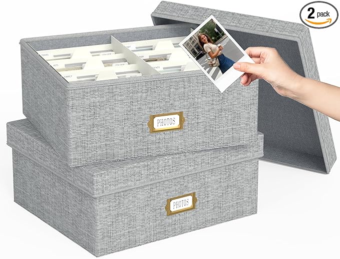 Decorative Photo Storage Box - 2 Pack Linen Photo Box Organizer with Dividers, Fits Holds Up to 1700 Pictures and 4x6 Photos, Memory Keepsake Organizer for Scrapbook Supplies, Cards, Stamps (Grey)