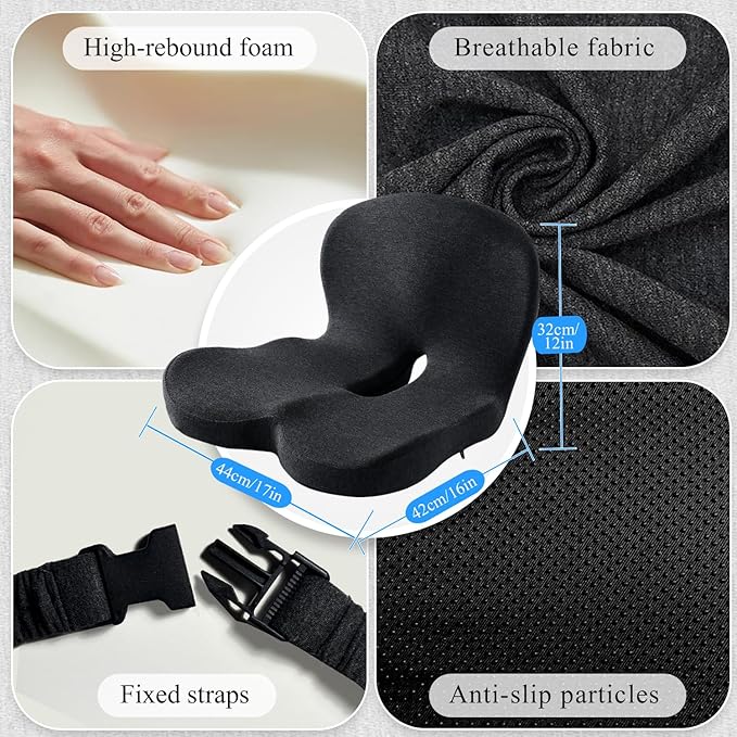 Mosxoed Ergonomic Seat Cushion with Adjustable Strap, Memory Foam Office Chair Seat Cushion with L-Shaped Design, Car Seat Cushion Fits for Truck Driver Semi Truck, Gaming Chair, Desk, Dark Gray