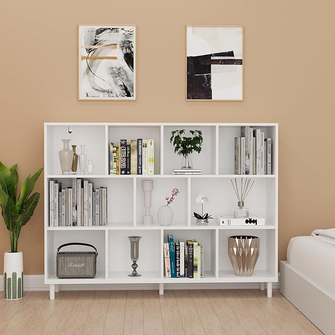 Chyanmoo Wood Cube Storage Organizer White Bookshelf - 3-Tier Freestanding Storage Cabinet with Legs for Home Office, 11-Cubes Open Shelf