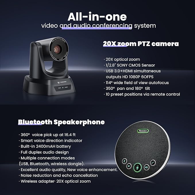 TONGVEO HDMI 20X Optical Zoom PTZ Conference Room Camera System, 1080P 60fps USB3.0 Computer Camera with Microphone & Bluetooth Speakerphone, Easy Setup for Church & Meetings