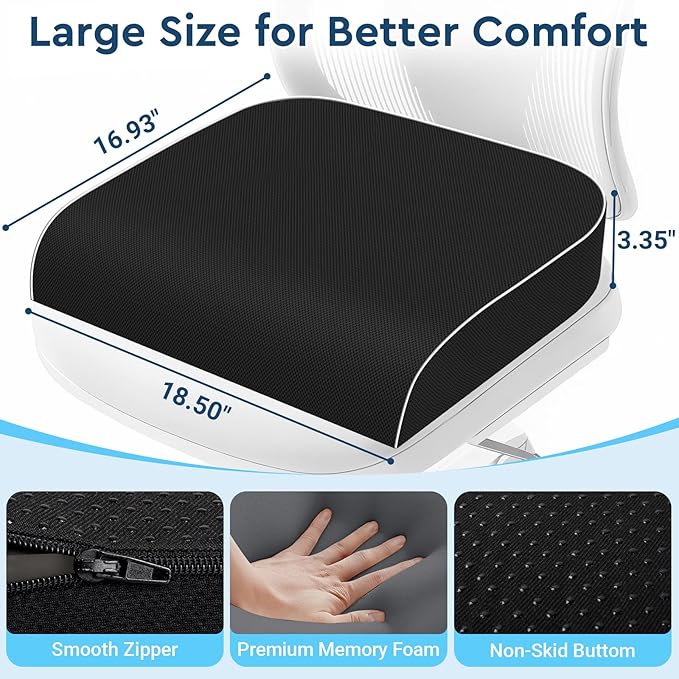 SofterCharm Seat Cushion, Memory Foam Office Chair Cushions for Long Sitting Hours, Chair Pad for Sciatica, Coccyx, Tailbone, Hip Pain & Pressure Relief, Office, Home,Car Seats,Airplane, Black/X-Large