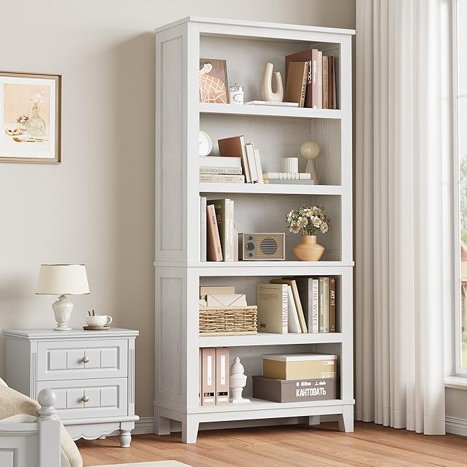 IDEALHOUSE 71" Farmhouse Bookshelf w/Adjustable Shelves & 31.5 in Whidth, 5 Tier Tall Bookshelf with Wooden Legs, Vintage Wooedn Book Shelf for Living Room Office (White, 71.3" H x 31.5" W x 11.8" D)