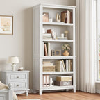 IDEALHOUSE 71" Farmhouse Bookshelf w/Adjustable Shelves & 31.5 in Whidth, 5 Tier Tall Bookshelf with Wooden Legs, Vintage Wooedn Book Shelf for Living Room Office (White, 71.3" H x 31.5" W x 11.8" D)