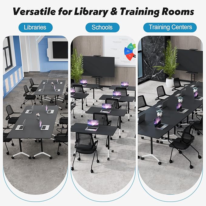 Goakwwuz Conference Room Table, Folding Conference Tables,Thicken Grey Tabletop,Flip Top Wooden Seminar Meeting Room Table for Conference Room Offices (6, Black, 47.2“)