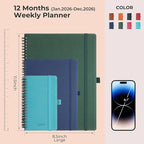 IN-LUXPRO Planner 2026 Daily Weekly and Monthly,11.5"x8.5",12 Months Spiral Bound Calendar Agenda with Self-adhesive Pen Holder,2026 Appointment Book with Vegan Leather Soft Cover,Blue