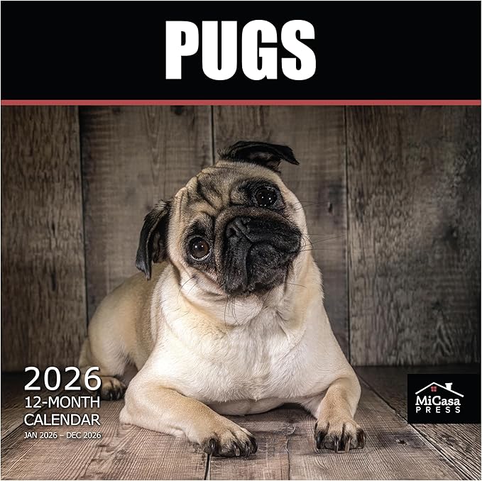MICASA PRESS Pugs 2026 Wall Calendar 12 Month | 12" x 24" Open | Thick & Sturdy Paper | Holiday Gift | Cute Puppy Dog Calendar 2026