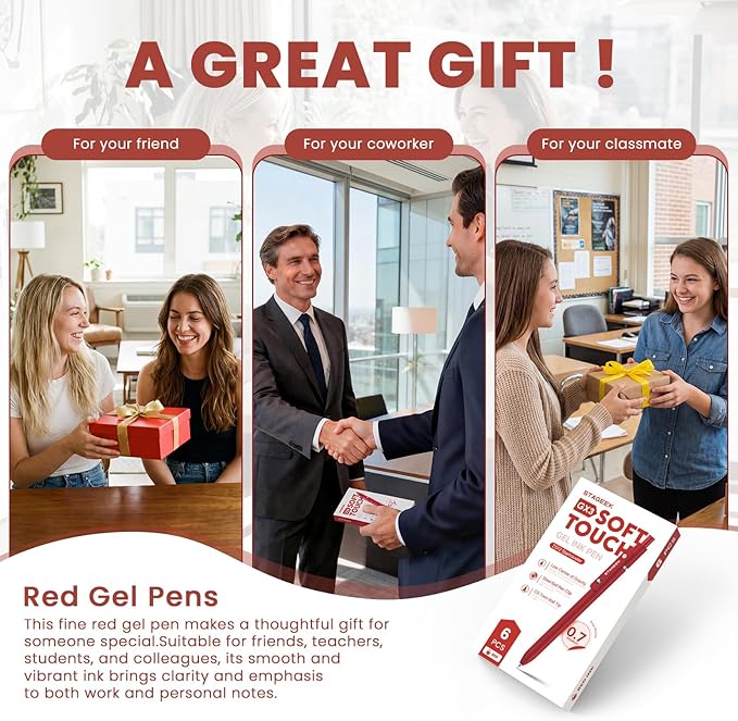 STAGEEK Red Gel Pens, 6Pcs Quick Dry Red Ink Pens with 3 Extra Refills, Fine Point Retractable Smooth Writing Pens for Journaling, Note Taking, School Supplies, Nurse Aesthetic, Office(Red)