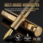 Scriveiner Gold Luxury Fountain Pen (Medium) - Award Winning - Heavy Pocket Stunning Luxury Pen, Real Gold Plating, German Nib & Converter, Nice Gift Pens for Men & Women