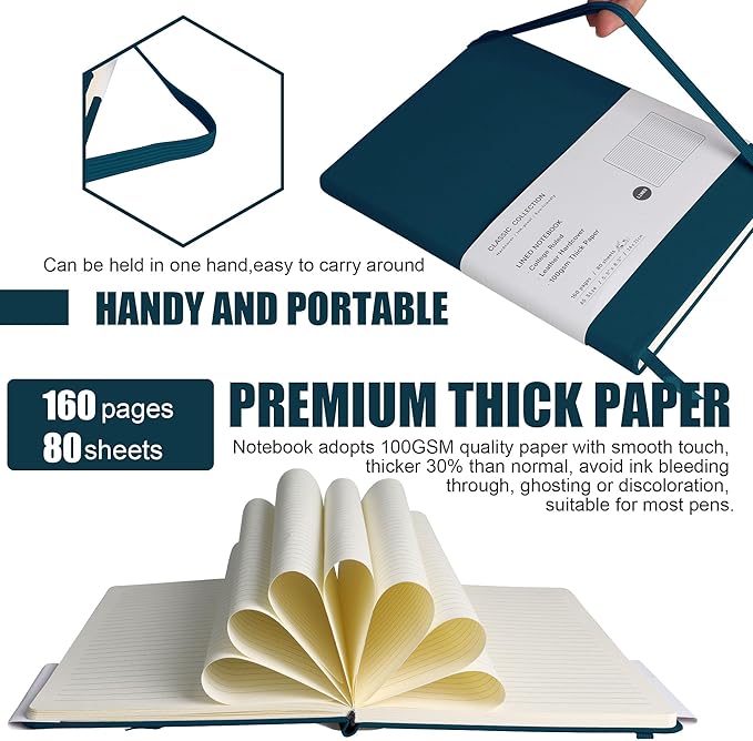 EMOMAS Lined Journal Notebook, 10Pack Hardcover Notebook for Men & Women – Journals for Writing, Work, School, Home & Daily Notes, 160 Pages – Medium A5, 5.7"x8", 100 gsm Thick Paper (Turquoise)