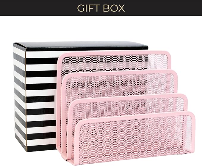 BLU MONACO | Pink Metal Mesh Letter Sorter with 3 Slots | Vertical Mail Organizer for Desk, Office & Home | Stylish Mail Holder for Envelopes, Documents & Files