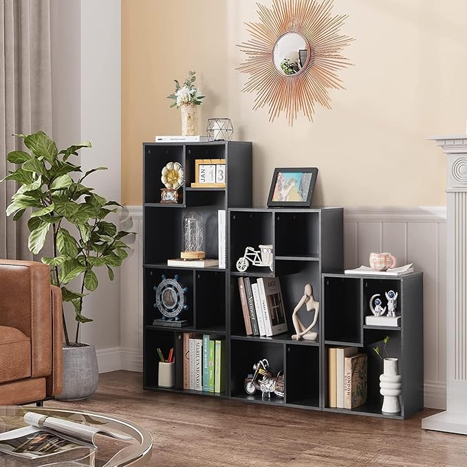 VECELO Wide Bookshelf Set, Fits 9.3" × 10-12.8" Hardcovers, Cube Storage Bookcases, Free-Standing for Living Room, Bedroom, Home Office, 2/3/4-Tier, 3-Pack, Black