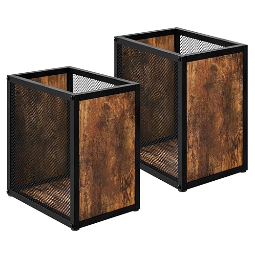 YATINEY Office Trash Can 2 Pack, 4 Gallon Garbage Can, Metal Wastebasket with Wood-Look Panels, Industrial Style Trash Can for Office, Study, Rustic Brown and Black WB03L2BR