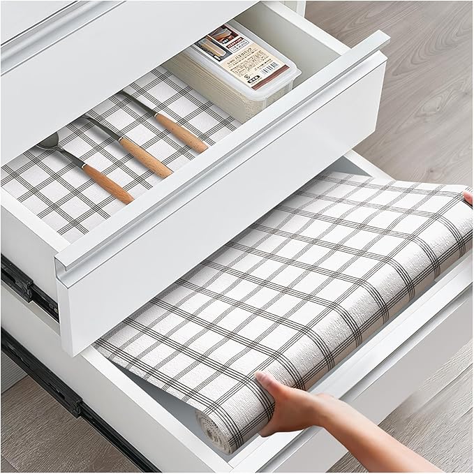 ALIUNI Drawer and Shelf Liner, Non-Slip Kitchen Cabinet Liners Non-Adhesive Thick Strong Grip Waterproof Washable Mats Protect Dresser Shelves Cupboard Bathroom Cabinets, White Stripes, 12 in X 30 FT