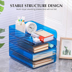 CiWiVOKi 4 Pack Stackable Paper Tray Organizer File Organizer for Desk, Office Organizer and Storage for Desk Accessories, Notes, Books, File Paper, Document, Blue