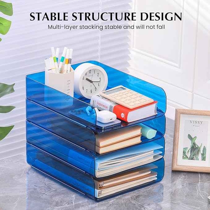 CiWiVOKi 4 Pack Stackable Paper Tray Organizer File Organizer for Desk, Office Organizer and Storage for Desk Accessories, Notes, Books, File Paper, Document, Blue