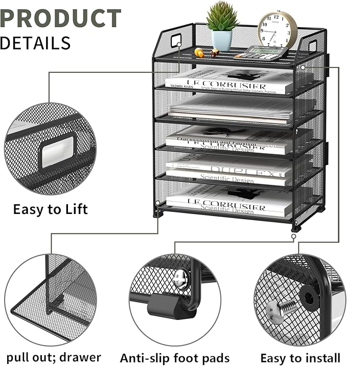 6 Tier Desk Organizer, Heavy-Duty Thick Metal Letter Tray Organizer, Large Capacity Desktop File Organizer for Heavy Files, Easy to Assemble for Home, Office & Classroom,Black