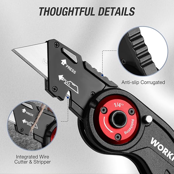 WORKPRO Folding Utility Knife, 2-in-1 Multitool Knife with Ratcheting Screwdriver, Box Cutter Quick Blade Change, EDC Heavy Duty Work Knife with Extra 10 Bit Sets and SK5 Blades