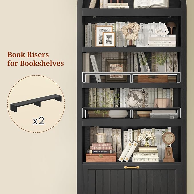 81" Tall Arched Cabinets,Bookcase with Drawer storage,Mid-Century Modern 5-Tier Bookshelf,2 Book Risers and Adjustable Shelves offering more storage space for Living Room,Kitchen,Home Office,Black