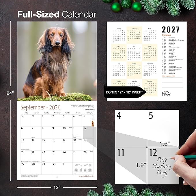 MICASA PRESS Longhaired Dachshunds 2026 Wall Calendar 12 Month | 12" x 24" Open | Thick & Sturdy Paper | Holiday Gift | Cute Puppy Weiner Dog Calendar 2026
