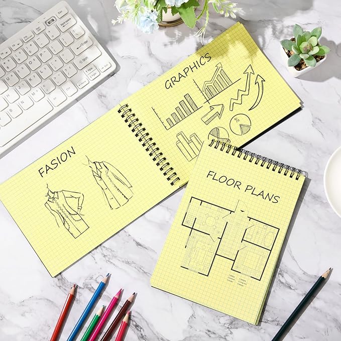 Engrowtic 2 Pack Graph Paper Spiral Notepad A5 Top Wirebound Notepad Grid Notebook Steno Pads Memo Notebook Grid Paper 140 Pages for Writing Sketching Drawing Office Supplies (Black (internal Yellow))