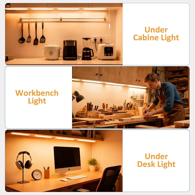 maylit Under Cabinet Lighting Plug in, 4Pcs 14 Inch Linkable Ultra Bright LED Light Bars, Renter Friendly Lamp, Wired 110V 120V Indoor Lights for Kitchen Cabinet, Counter, Workbench, Shelf, Warm White