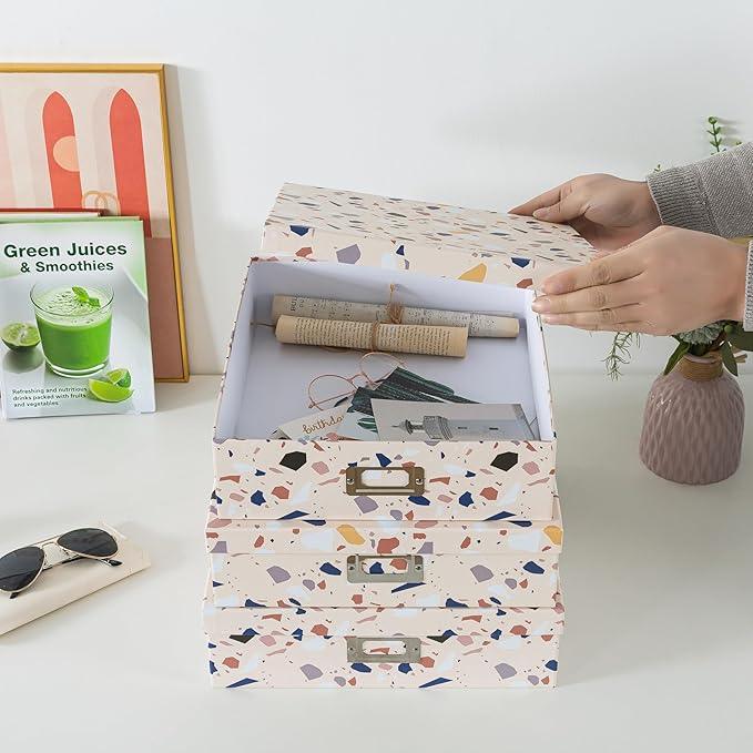 Soul & Lane Decorative Cardboard Storage Boxes With Lids for Home Décor, Set of 3 Nesting Photo Storage Box Set for Organizing, Scrapbooks, Keepsakes, Terrazzo Print Memory Containers