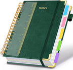 Hardcover Spiral Notebook 6.2"x 8.2" Journal Notebook with Tabs and Removable Dividers 300 Pages 5 Subject Notebook College Ruled, Faux Leather Spiral Bound Notebook for Women School Work(Green)