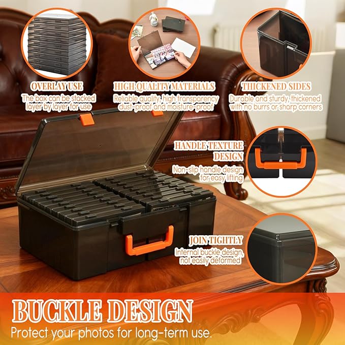 Photo Storage Box 5 x 7 Inches, 18 Inner Photo Cases with Dividers, Black Acid-Free Photo Storage Containers with Handle, Photo Organizer Craft Keeper for Stickers, Craft, Stamp