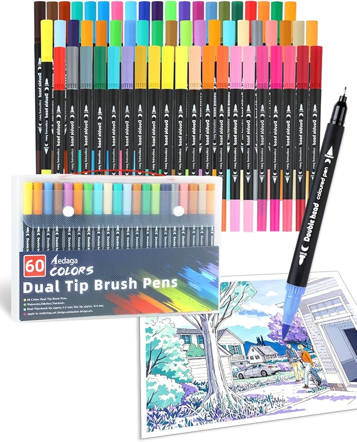 AEDAGA 60 Colors Dual Tip Brush Pens, Fine Felt Tip and Brush Tips Colored Pens for Adults, Coloring Markers for Coloring Book Bullet Journaling Note Taking Hand Lettering