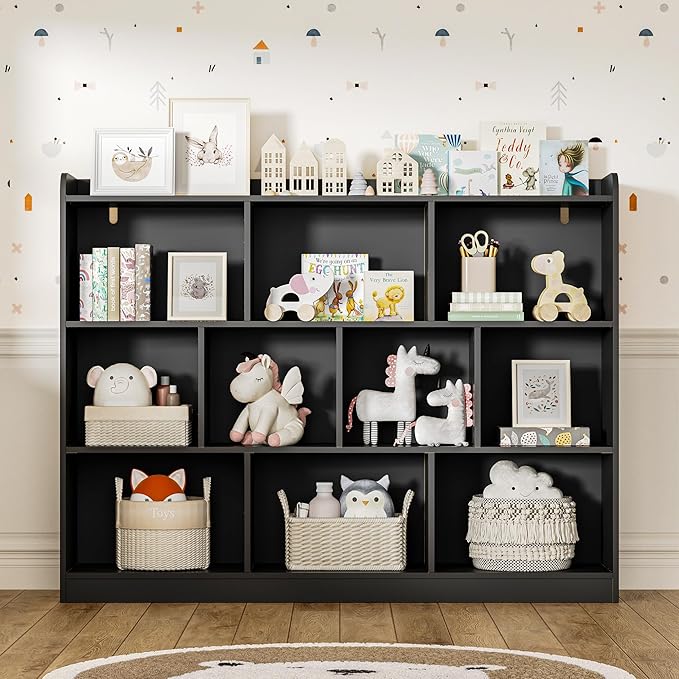 DIYART Black Bookshelf, Wood Bookcase with 3 Tier Open Shelves, 10-Cube Minimalist Storage Shelf for Living Room, Bedroom, 55.1" W x 42.5" H