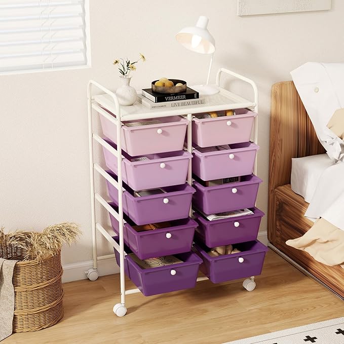 LDAILY 10 Drawer Rolling Cart, Storage Cart Organizer on Wheels, Drawer Cart with Metal Frame & Large Storage Capacity, Rolling Cart with Drawers for Living Room Classroom, Office