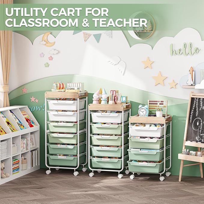 Rolling Storage Utility Cart With 5 Drawers,Craft Cart with Wheels,Makeup Organizer,Art Supply And Storage Wooden Tabletop,Green