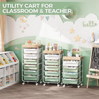 Rolling Storage Utility Cart With 5 Drawers,Craft Cart with Wheels,Makeup Organizer,Art Supply And Storage Wooden Tabletop,Green