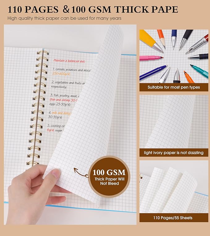 Graph Paper Notebook, Spiral Notebook Journal 8.5” x 11”, A4 Large Grid Notebooks for Women Men, 100 GSM Graph Paper, Plastic Hardcover Spiral Graphing Journals for Work School Engineerin, Blue