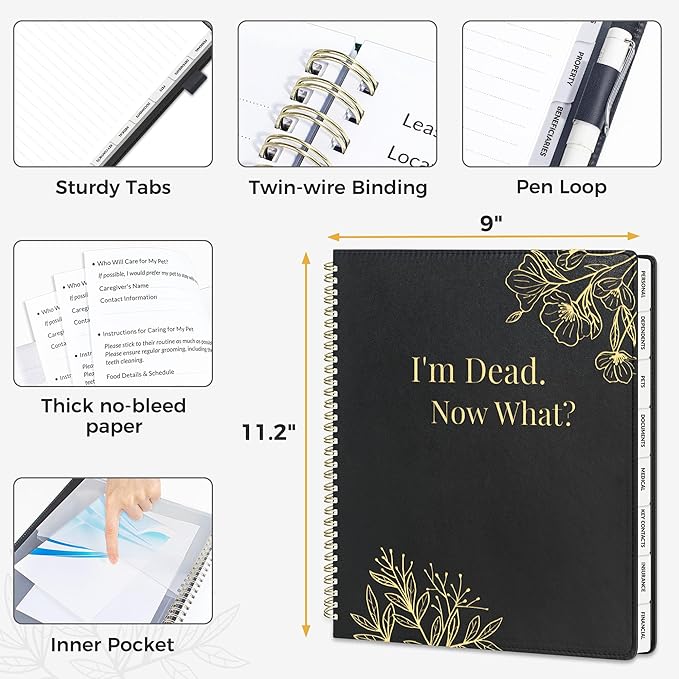 SUNEE End of Life Planner - I‘m Dead Now What Planner, Large Print Spiral-Bound Estate Organizer with Tabs for Seniors & Family. Covers Final Wishes, Passwords & Funeral Planning.A4（9"x11.2"),Black