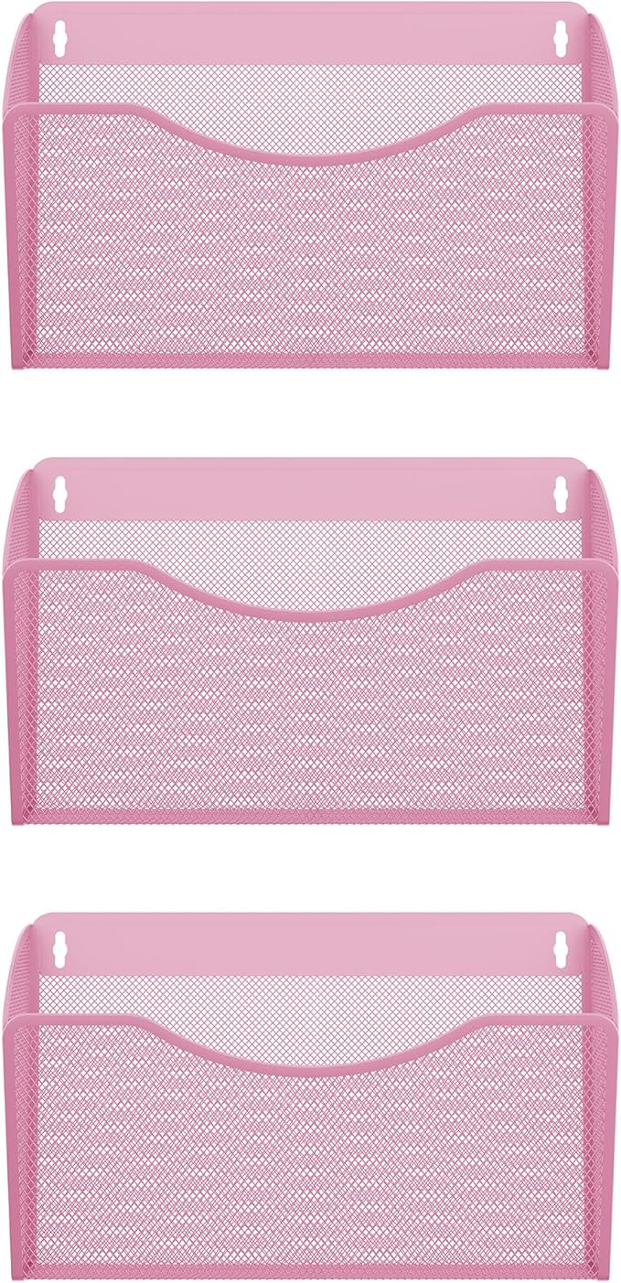 EasyPAG 3 Single Pocket Wall File Organizer, Mesh Hanging File Folder Organizer for Letter/A4 Size Folders, Wall Mounted Vertical Mail Holder for Paperwork, Office, Home, School, Pink