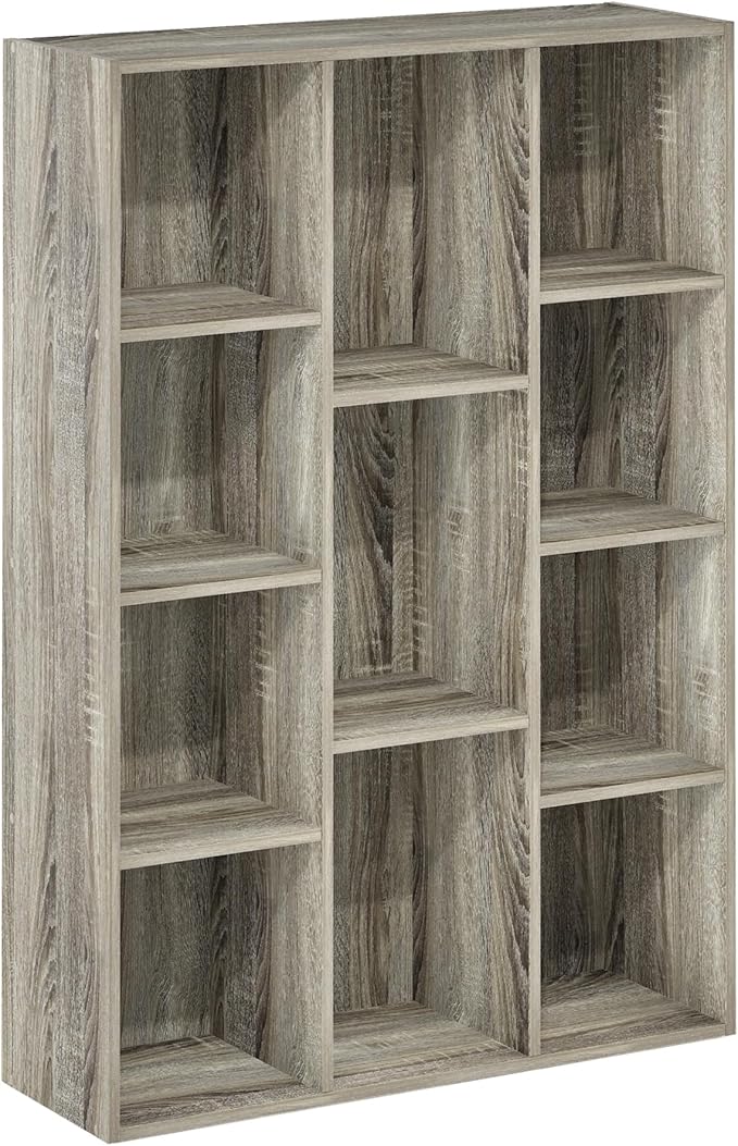 Furinno LUDER Book Shelf, 11-Cube Bookshelf, Reversible Bookcase, 9.4 x 29.1 x 41.7, for Living Room, Bedroom, Home Office, French Oak | Furinno, Luder, 11-Cube, Reversible, Open Shelf, Bookcase
