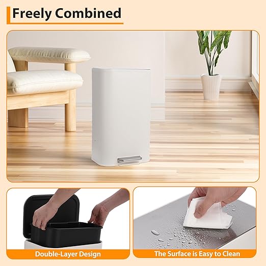 DYTesa 8 Gallon White Stainless Steel Foot Pedal Trash Can | Rectangular Slim Design Saves Space | Soft-Close Lid & Removable Inner Bucket | Stylish Garbage Bin for Kitchen, Office, Living Room