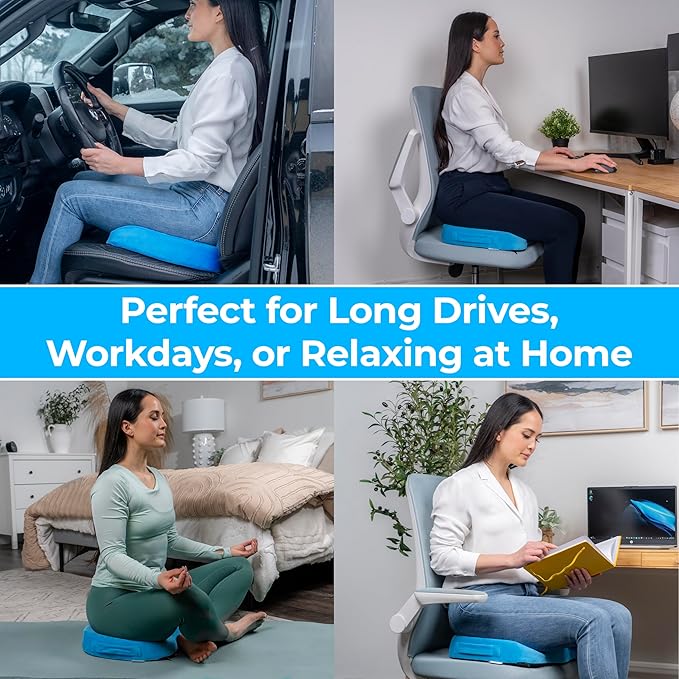 LuminaRest® Gel Enhanced Seat Cushion for Long Sitting | Premium CertiPUR-US® Certified Memory Foam | Non-Flattening Office Chair Cushion for Tailbone Pain Relief, Sciatica & Back Support – (Blue)