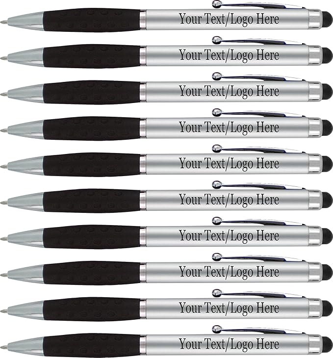 SyPen Personalized Pens With your Custom Logo or Text-300 Pack Bulk-for Businesses, Parties, and Events, 2 in 1 Ballpoint Pen & Stylus for Touchscreen Devices, Silver Barrel, Black Ink